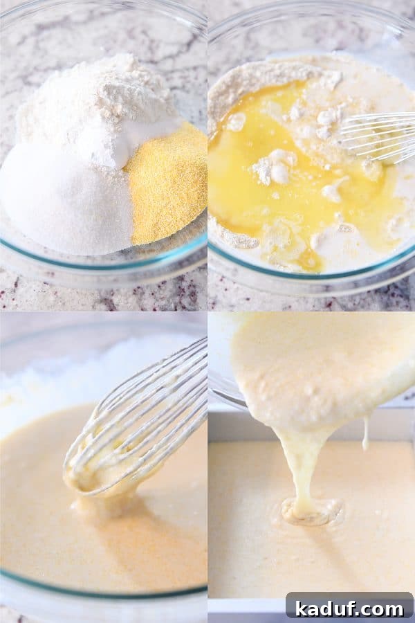 The Ultimate Cornbread with Cloudlike Honey Butter 5 Step-by-step image of wet and dry ingredients being combined in a bowl to create the perfect cornbread batter.