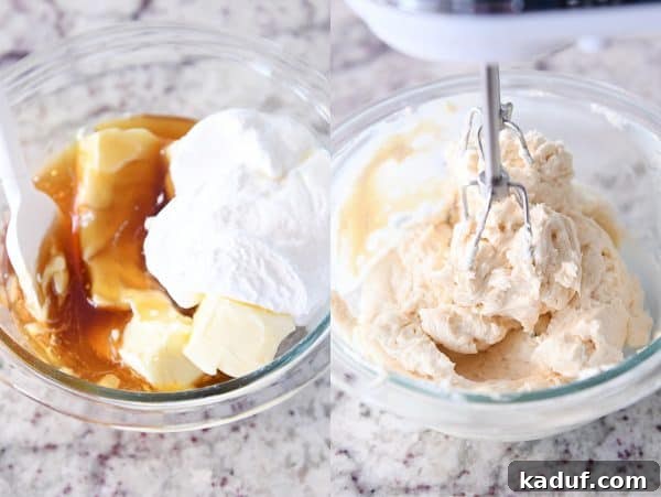 The Ultimate Cornbread with Cloudlike Honey Butter 7 Ingredients for fluffy honey butter being mixed in a clear glass bowl, showcasing the creamy process.