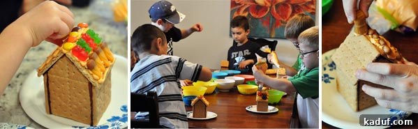 DIY Halloween Haunts 11 Side-by-side pictures of children decorating graham cracker houses with icing and candies