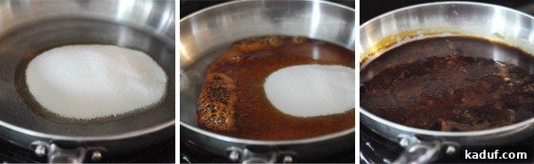 DIY Halloween Haunts 3 Side-by-side pictures showing granulated sugar melting and caramelizing in a pan