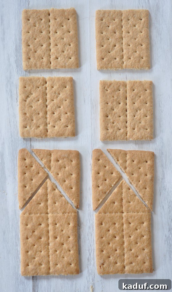 DIY Halloween Haunts 4 Top view of graham crackers laid out, showing whole rectangles and pieces broken into squares and trimmed for roof gables