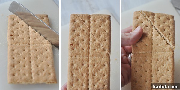 DIY Halloween Haunts 5 Side-by-side pictures demonstrating how to cut a sheet of graham cracker to resemble a roof gable, showing scoring technique