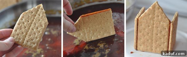 DIY Halloween Haunts 7 Side-by-side pictures illustrating the first step of assembling a graham cracker house, attaching square sides to a gable end