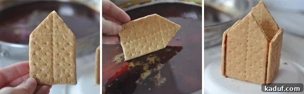 DIY Halloween Haunts 8 Side-by-side pictures demonstrating how to complete the base structure of a graham cracker house, connecting all four walls