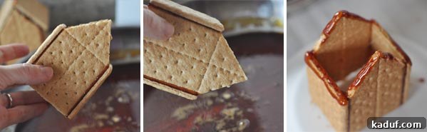 DIY Halloween Haunts 9 Side-by-side pictures showing the base of a graham cracker house being put together, focusing on dipping edges for roof attachment