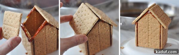 DIY Halloween Haunts 10 Side-by-side pictures illustrating the final steps of assembling graham cracker house roofs, showing panel attachment