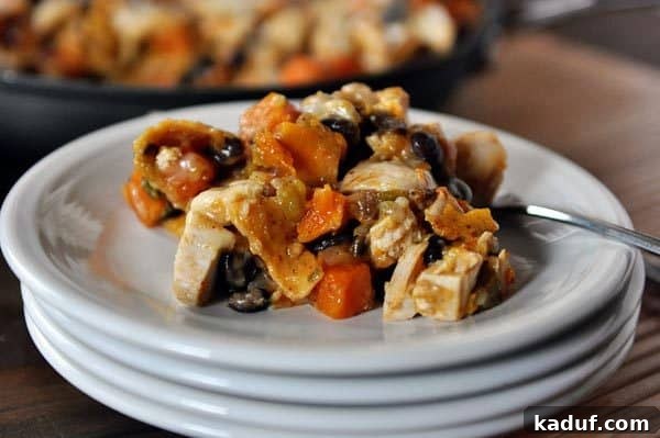 Butternut Squash and Black Bean Skillet Enchiladas 3 A serving of cheesy black bean enchilada casserole with chunks of butternut squash on a white plate, ready to be enjoyed.