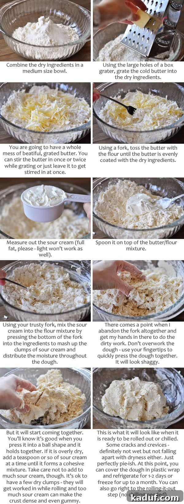 The Ultimate Pie Crust Recipe and Guide 4 Collage of pictures and text demonstrating how to mix and make pie crust dough.
