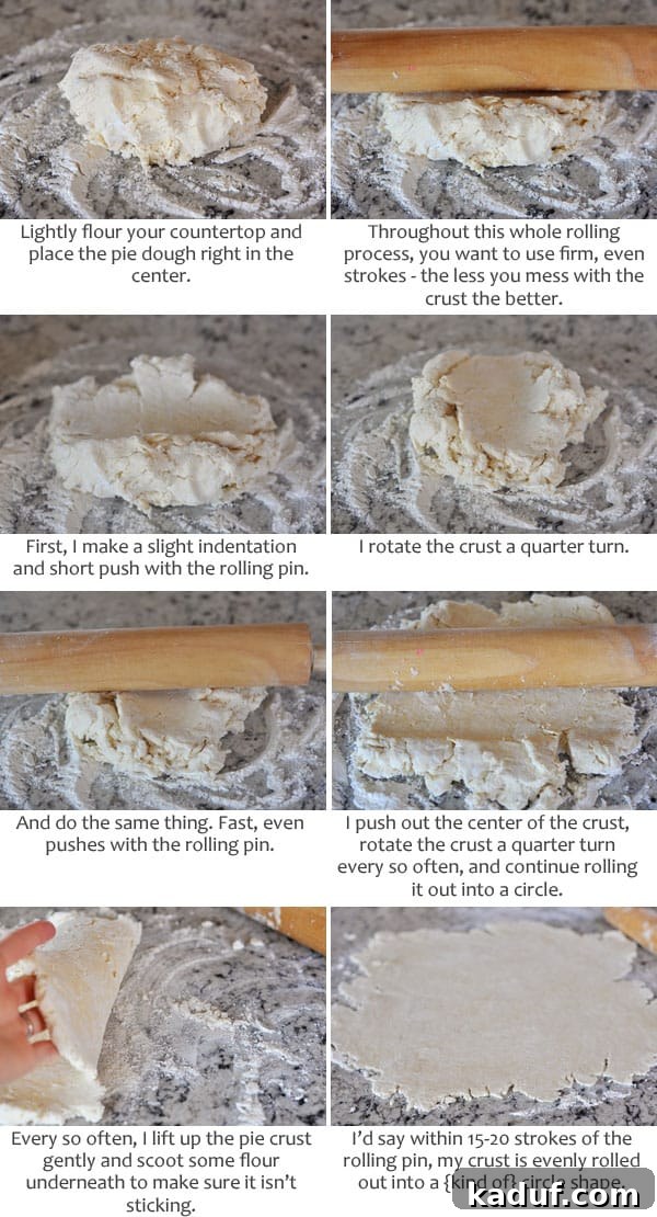 The Ultimate Pie Crust Recipe and Guide 5 Collage of pictures and text illustrating the process of rolling out pie crust.
