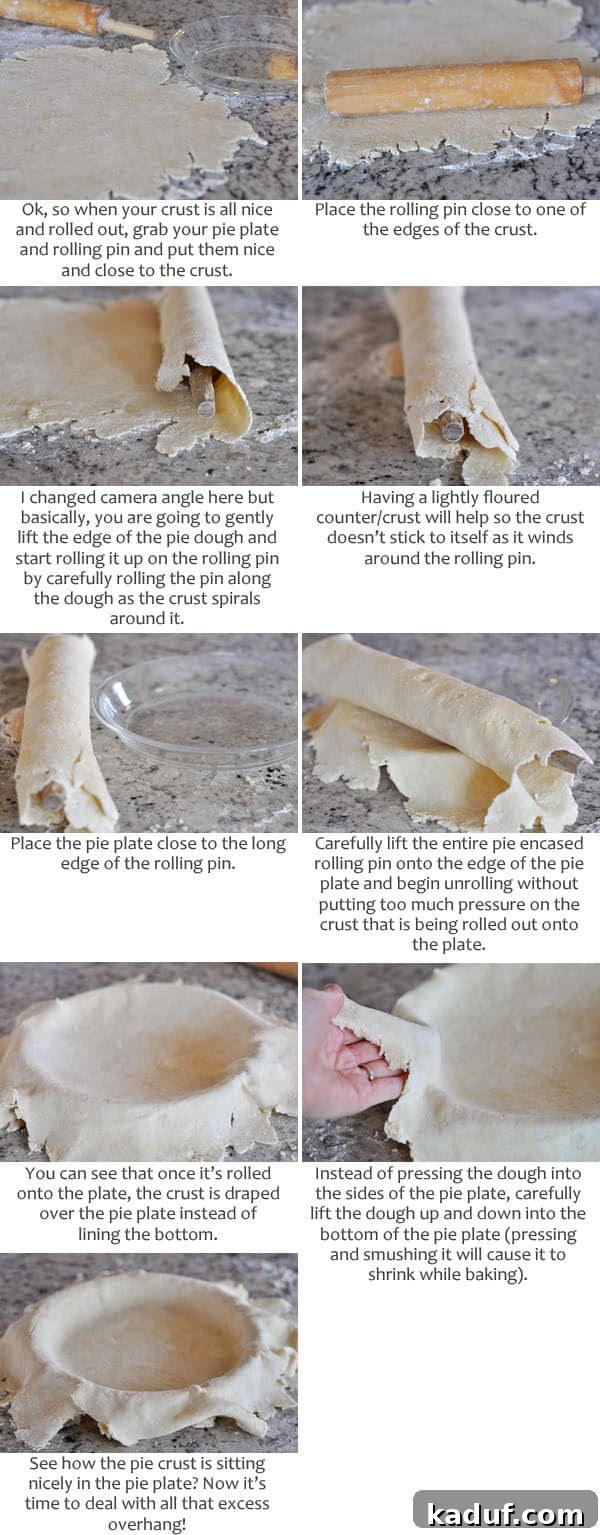 The Ultimate Pie Crust Recipe and Guide 6 Collage of pictures and text showing how to roll and carefully place a pie crust into the dish.