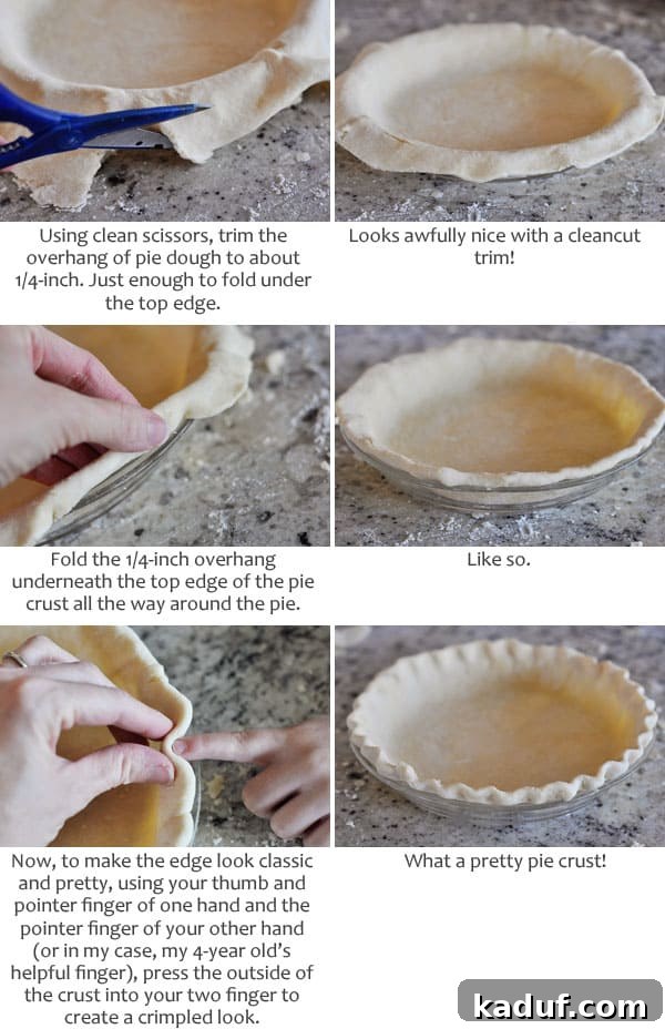 The Ultimate Pie Crust Recipe and Guide 7 Pictures and text providing a step-by-step guide on how to trim and crimp a pie crust.