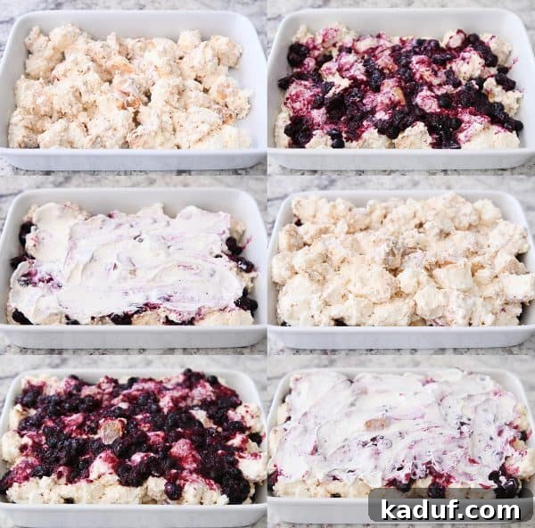 Blueberry Cream Angel Cloud Cake 7 Step by step assembly of heavenly blueberries and cream angel food cake dessert.