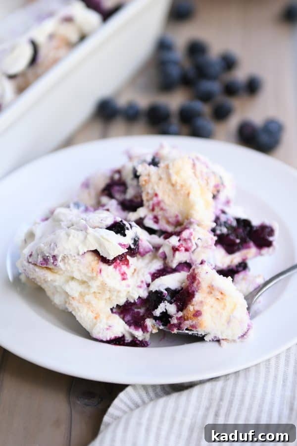 Blueberry Cream Angel Cloud Cake 8 White dessert plate with scoop of heavenly blueberries and cream angel food cake dessert with bite on spoon.