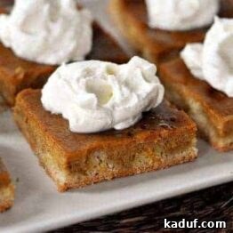A slice of Pumpkin Pie Sheet Cake with a dollop of whipped cream on top, viewed from an aerial perspective.