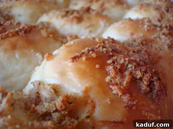 Parmesan Gold Melt Bites 3 Close up of a pan of parmesan and herb crusted rolls, freshly baked and golden.