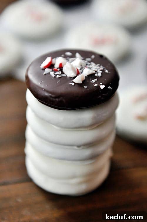Mint Chocolate Crisp Perfection 2 A stack of white chocolate dipped cookies with a chocolate dipped cookie on top covered in crushed candy canes.