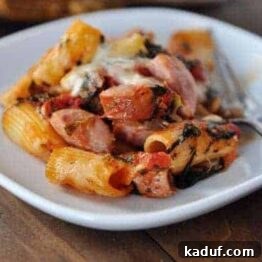 Baked Pasta with Chicken Sausage in a dish