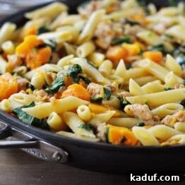 A vibrant bowl of Skillet Butternut Squash and Penne Pasta