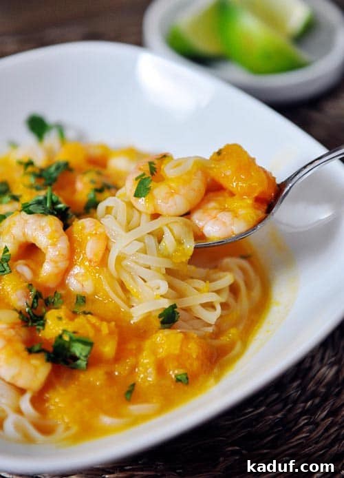 Tropical Butternut Shrimp Curry Noodle Bowl 2 A vibrant butternut squash and coconut curry soup with perfectly cooked shrimp and delicate rice noodles, served in a white bowl, ready to be enjoyed.
