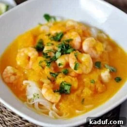 Butternut Squash and Coconut Curry Soup with Shrimp and Rice Noodles