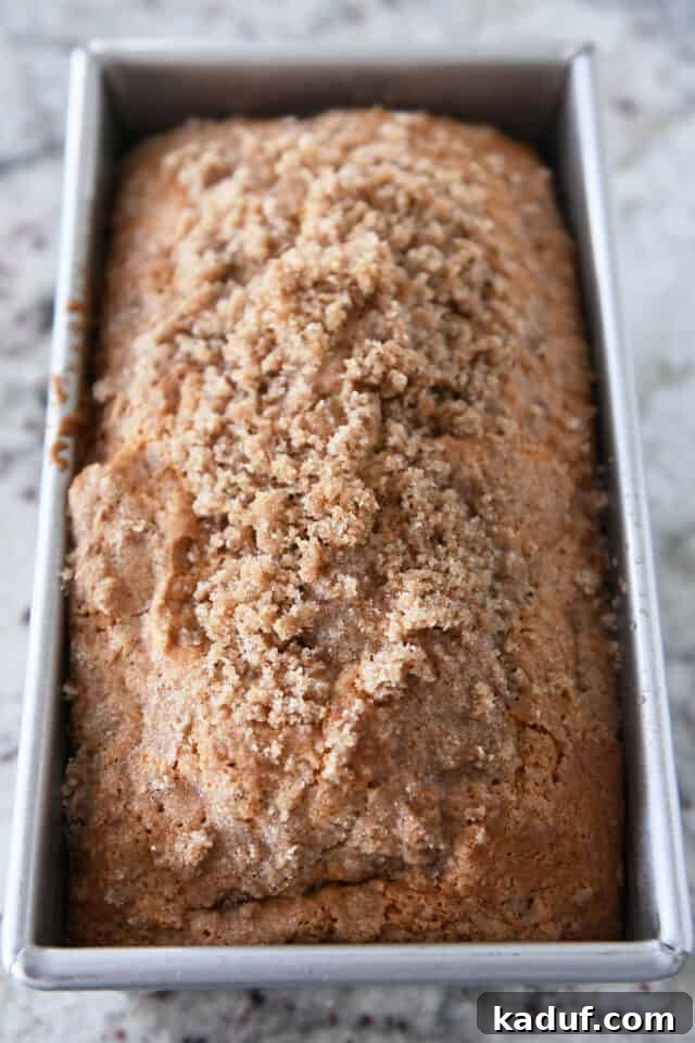 Cream Cheese Swirl Banana Bread with Cinnamon Crumble 8 A freshly baked loaf of cream cheese banana bread, golden brown and perfectly domed, still nestled in its bread pan, beautifully showcasing the enticing sweet cinnamon topping.