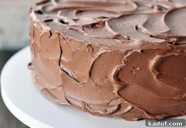 Decadent Chocolate Cloud Frosting 4 A beautifully frosted cake covered in thick, swirled whipped chocolate buttercream on a pristine white cake stand.