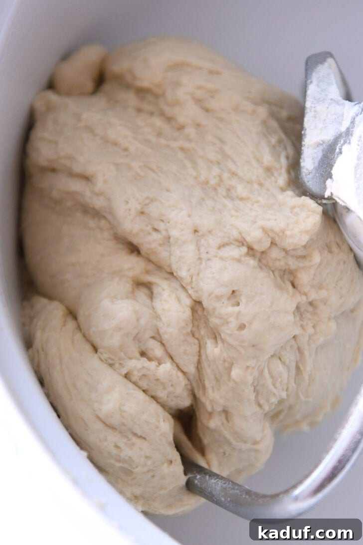 Delicious Homemade Flatbread 3 Top down view of the inside of a Bosch mixing bowl with a dough hook and a big ball of bread dough.