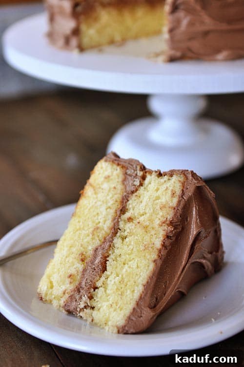 The Gold Standard Homemade Yellow Cake 2 A generous slice of fluffy yellow cake adorned with rich chocolate frosting, presented beautifully on a white plate, with the remainder of the classic cake resting elegantly on a cake stand in the background. A perfect homemade yellow cake for any celebration.