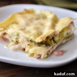 Gourmet Cordon Bleu Lasagna Bake 4 A mouth-watering image of Chicken Cordon Bleu Lasagna ready to be served.