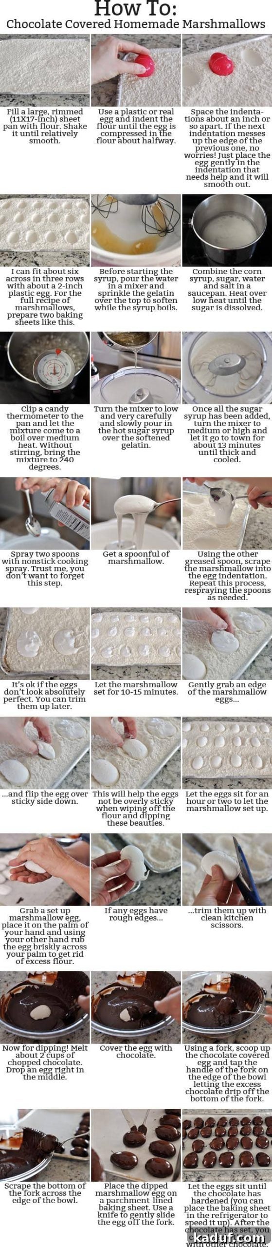 Pillowy Marshmallow Easter Eggs from Scratch 5 Collage of pictures and instructions explaining how to make marshmallow eggs, showing various stages of the process.