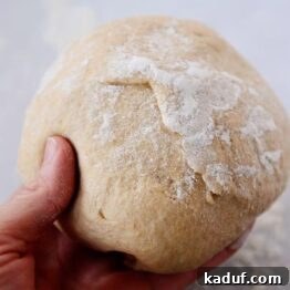 A small image of the uncooked whole wheat pizza dough ball, perfectly round and smooth.