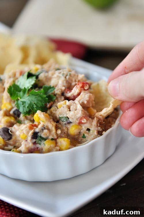 Creamy Tex-Mex Quinoa Bites 2 A tortilla chip being dipped into a white ramekin full of a creamy Tex-Mex quinoa mixture, perfect for an appetizer or main dish.