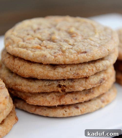 Thin Chewy Butterfinger Cookies 2 A stack of thin butterfinger cookies on a white plate, showcasing their delightful texture and candy pieces.