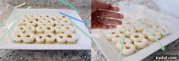 Several bendy straws, taped to the sides of two white platters, are bent inward to form a canopy-like structure over frosted sugar cookies, ready for plastic wrap.