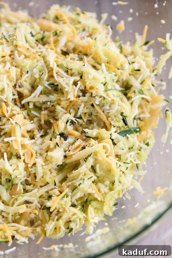 Cheesy Zucchini Gems 4 A glass bowl of shredded zucchini and cheese and mixed together.