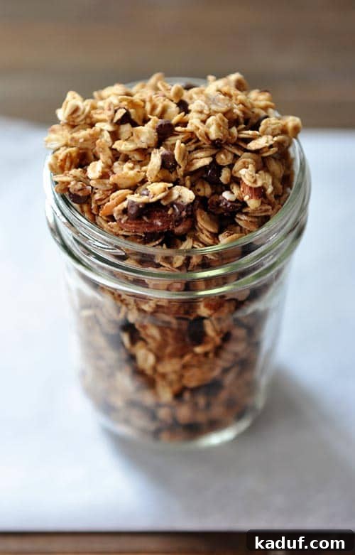Golden Peanut Butter Clusters 4 A quart jar filled to brimming with peanut butter granola.