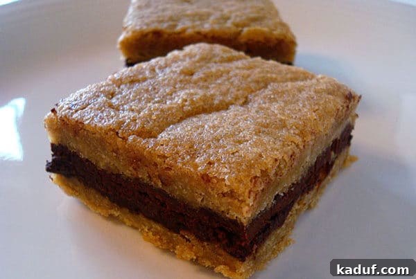 Brown Sugar Blondies with Dark Chocolate Ganache Center 3 A beautifully cut brown sugar bar, revealing its distinct light brown base and a dark chocolate ganache middle layer, presented on a pristine white plate.