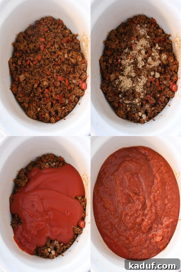 Rich & Hearty Slow-Cooked Chili 4 Hands carefully assembling ingredients for slow cooker chili into a white slow cooker pot.