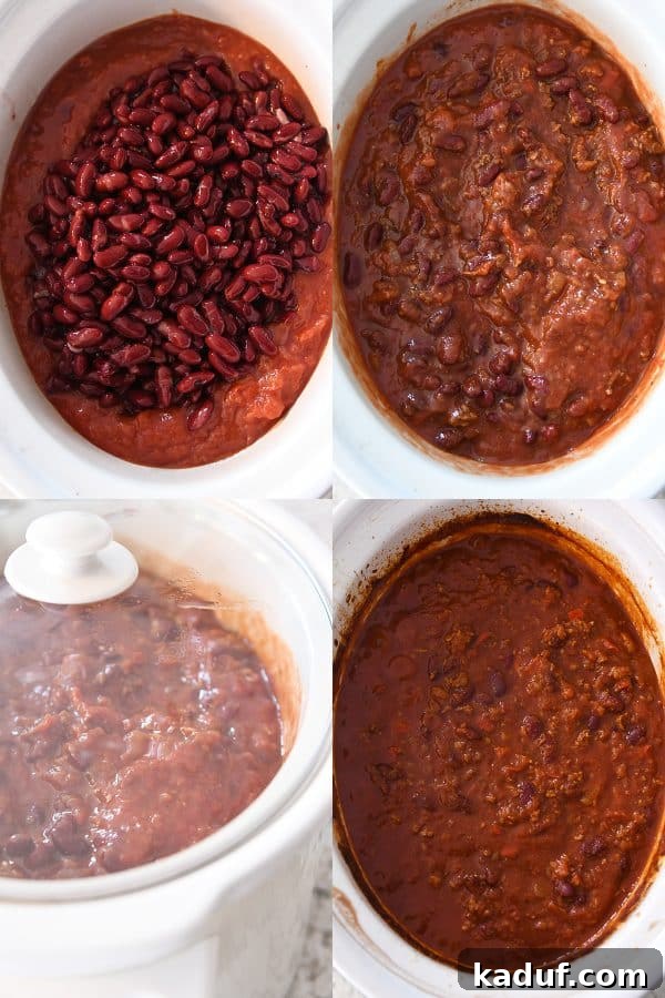 Rich & Hearty Slow-Cooked Chili 5 Close-up of slow cooker chili being assembled and slowly cooking in a kitchen setting.