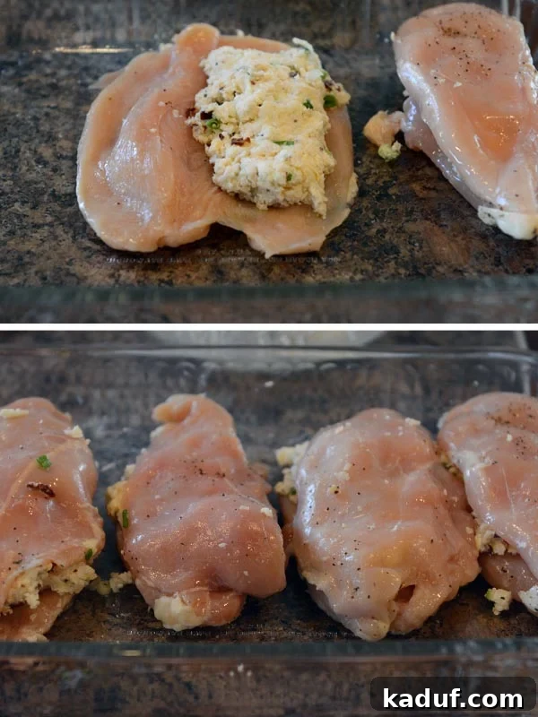 Olive Garden-Style Stuffed Chicken Marsala 4 Two pictures demonstrating raw chicken breasts being butterflied and then stuffed with filling, ready for cooking.