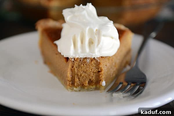 Simply Perfect Pumpkin Pie 3 Close-up front view of a delicious slice of pumpkin pie, showcasing its smooth, creamy filling and golden crust, with a small bite taken out.