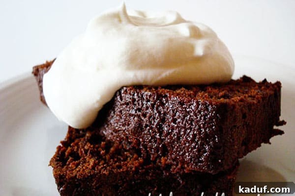 Irresistible Chocolate Chip Gingerbread Cake 3 A delectable slice of chocolate gingerbread cake adorned with a generous dollop of whipped cream on top.