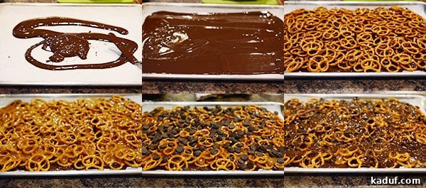 Sweet and Salty Dark Chocolate Caramel Pretzel Bark 6 A visual step-by-step collage demonstrating how to make the chocolate pretzel bark.