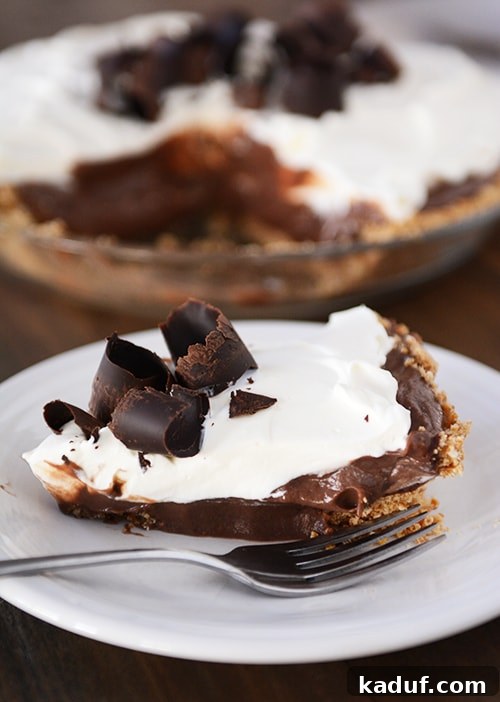 Salty Sweet Chocolate Pretzel Pie 3 A slice of chocolate pudding pie on a white plate in front of the rest of the pie, showing its layers clearly.