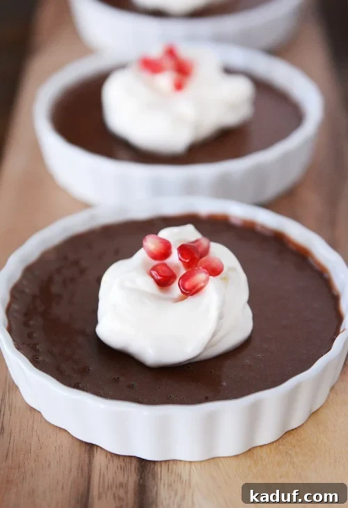 Velvet Chocolate Indulgence 2 Three white ramekins filled with cooked chocolate pots de creme, and topped with whipped cream and pomegranate seeds.