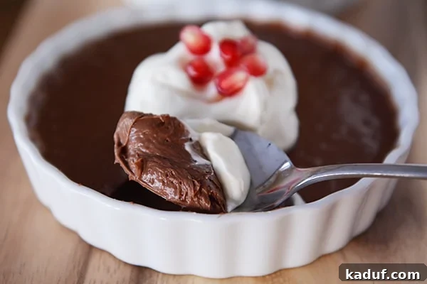 Velvet Chocolate Indulgence 3 A white ramekin filled with chocolate cream topped with whipped cream and pomegranate seeds, with a spoon taking a bite out.