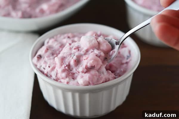 Luscious Cranberry Cloud 3 A white ramekin of cranberry fluff salad with a spoon in it, ready to be served.