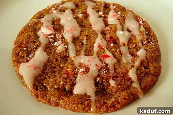 Minty Molasses Cookies 2 Top view of festive peppermint molasses cookies drizzled with white icing and adorned with crushed peppermint candy
