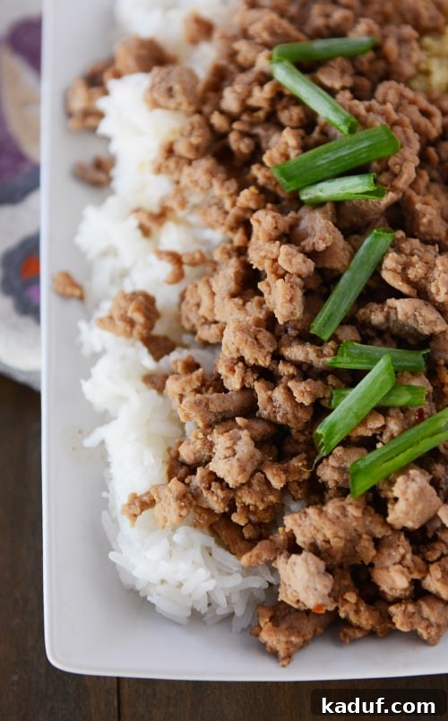20-Minute Korean Beef and Rice or Quinoa Meal 3 A top-down view of a bowl of fluffy white rice crowned with savory Korean beef, garnished with fresh green onions.