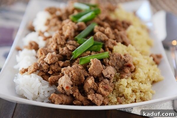 20-Minute Korean Beef and Rice or Quinoa Meal 4 A white platter featuring Korean beef served over a delightful blend of half cooked white rice and half fluffy quinoa.
